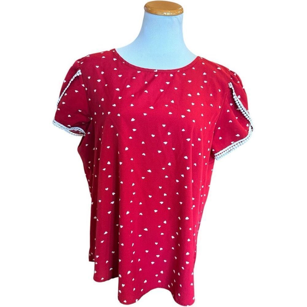 Womens Fashion Heart Allover Print Lace Sleeve Short Sleeve Top Blouse - Sz XL